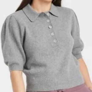 A New Day Polo Knit Top Sweater Gray Short Puff Sleeve Soft Target Academia L